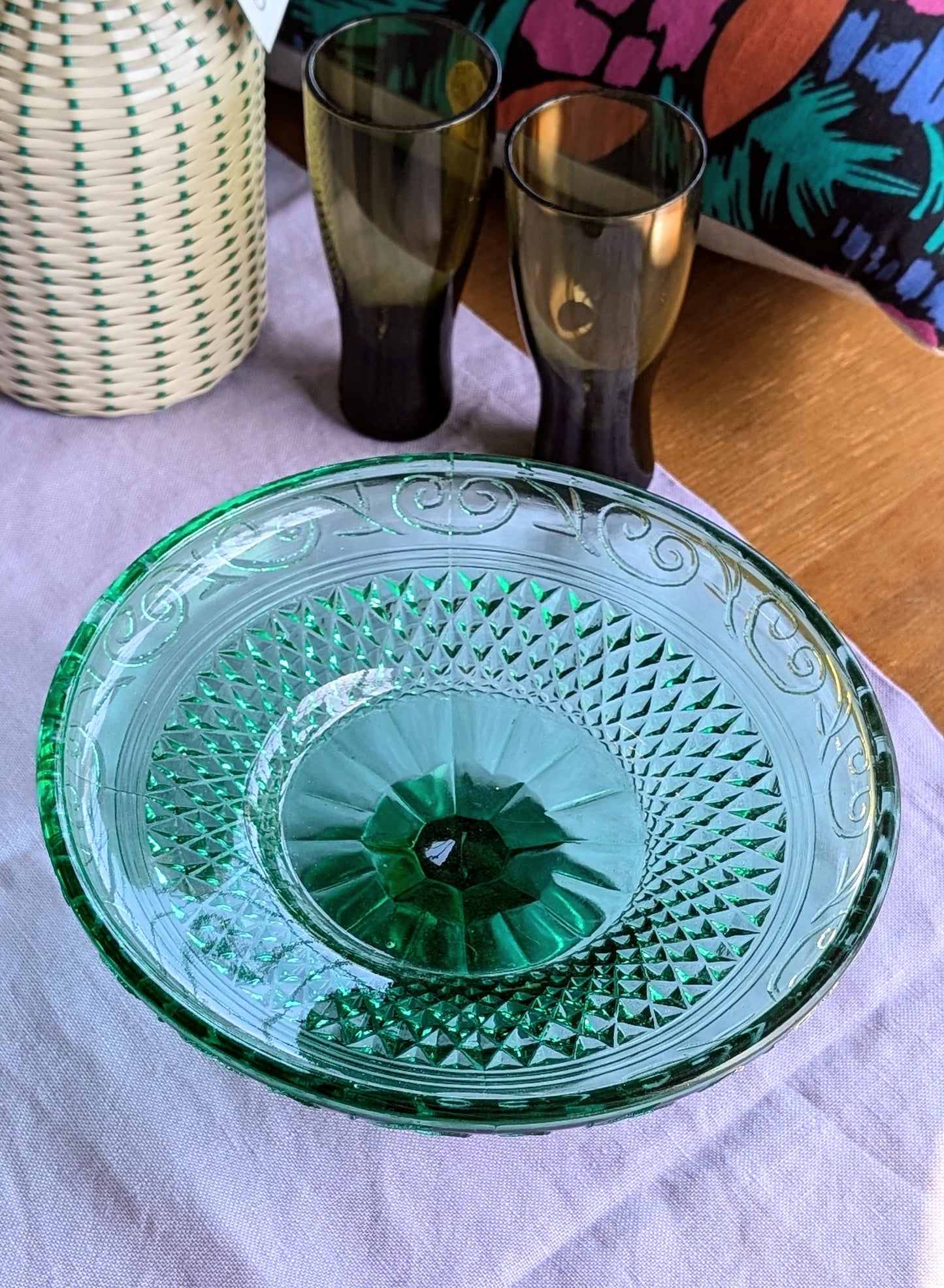 Art Deco Green Glass Cake Stand