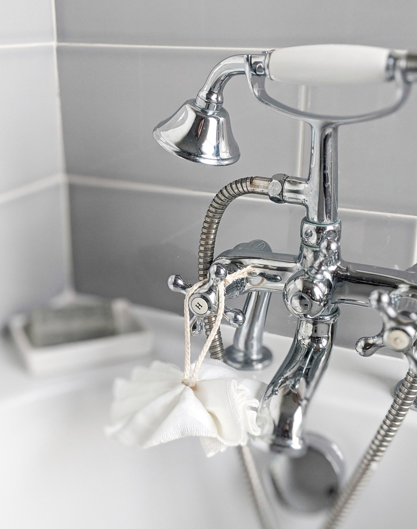 White Irish linen shower pouf