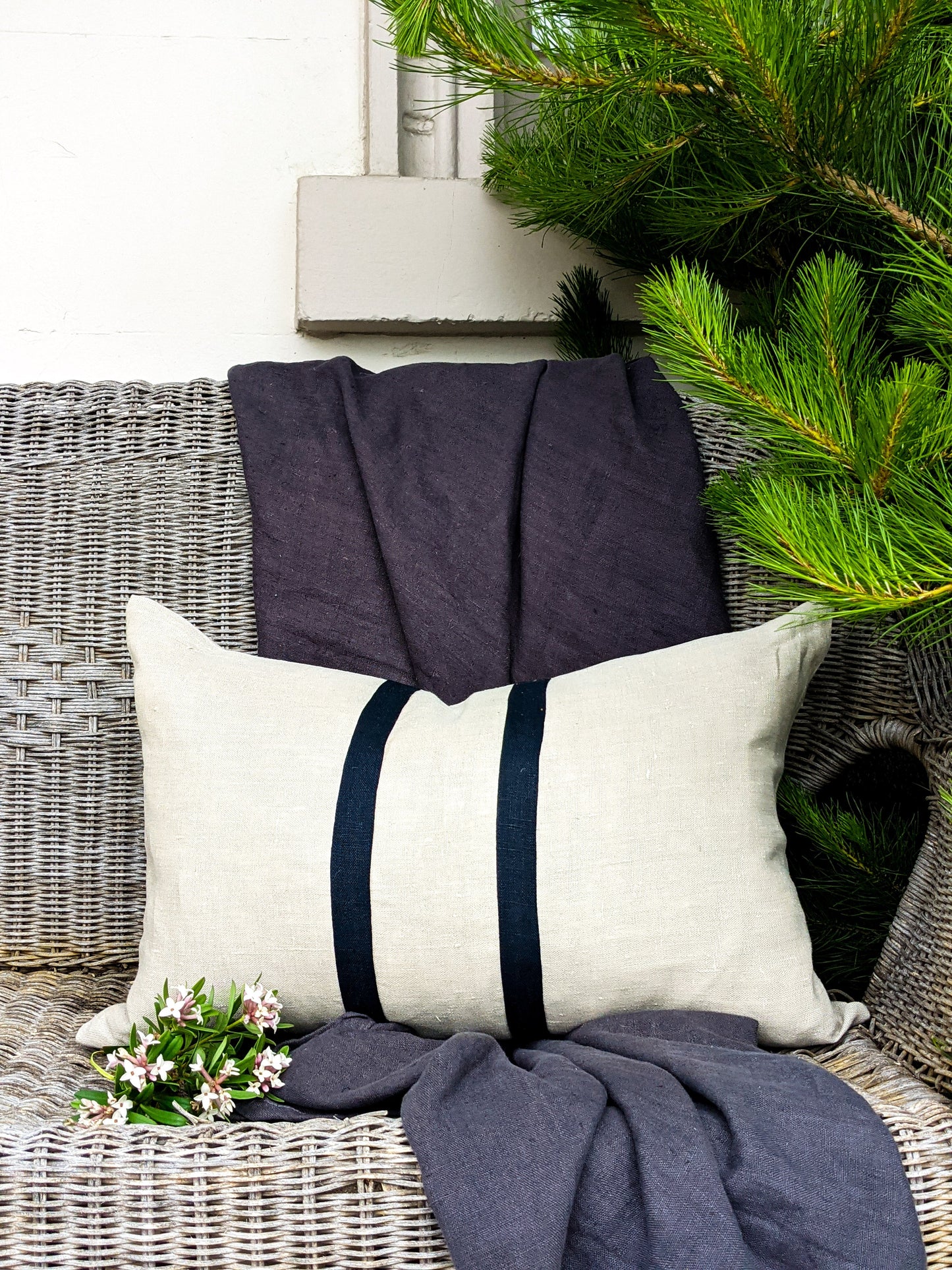 Linen Stripe Rectangle Cushion - Natural and Navy