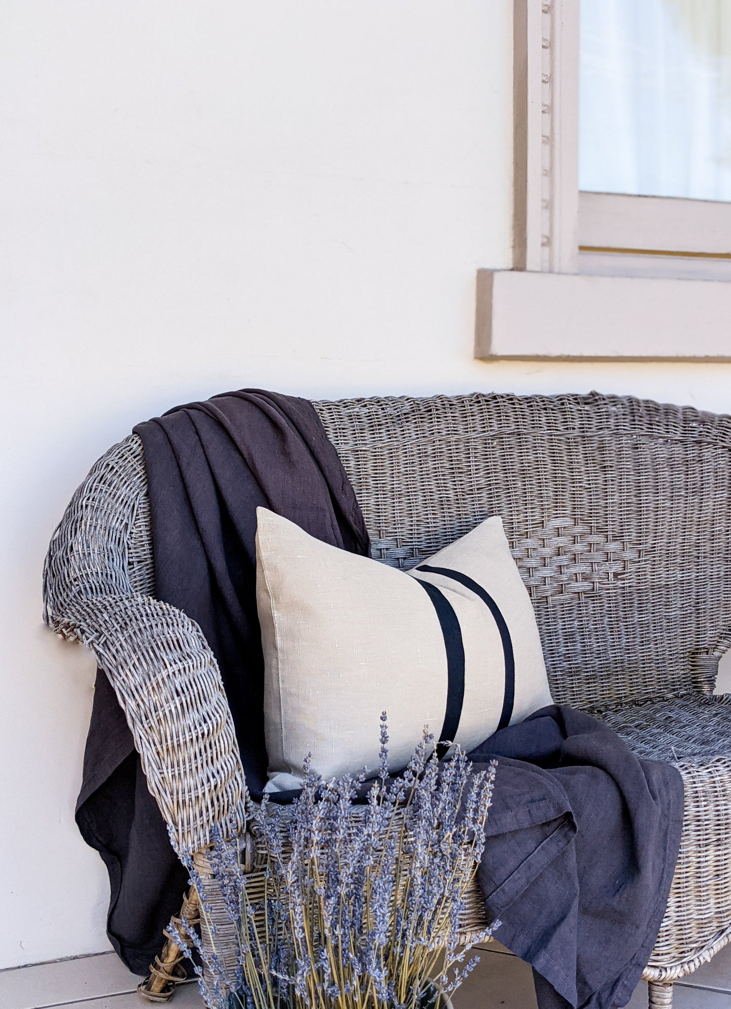 Linen Stripe Rectangle Cushion - Natural and Navy