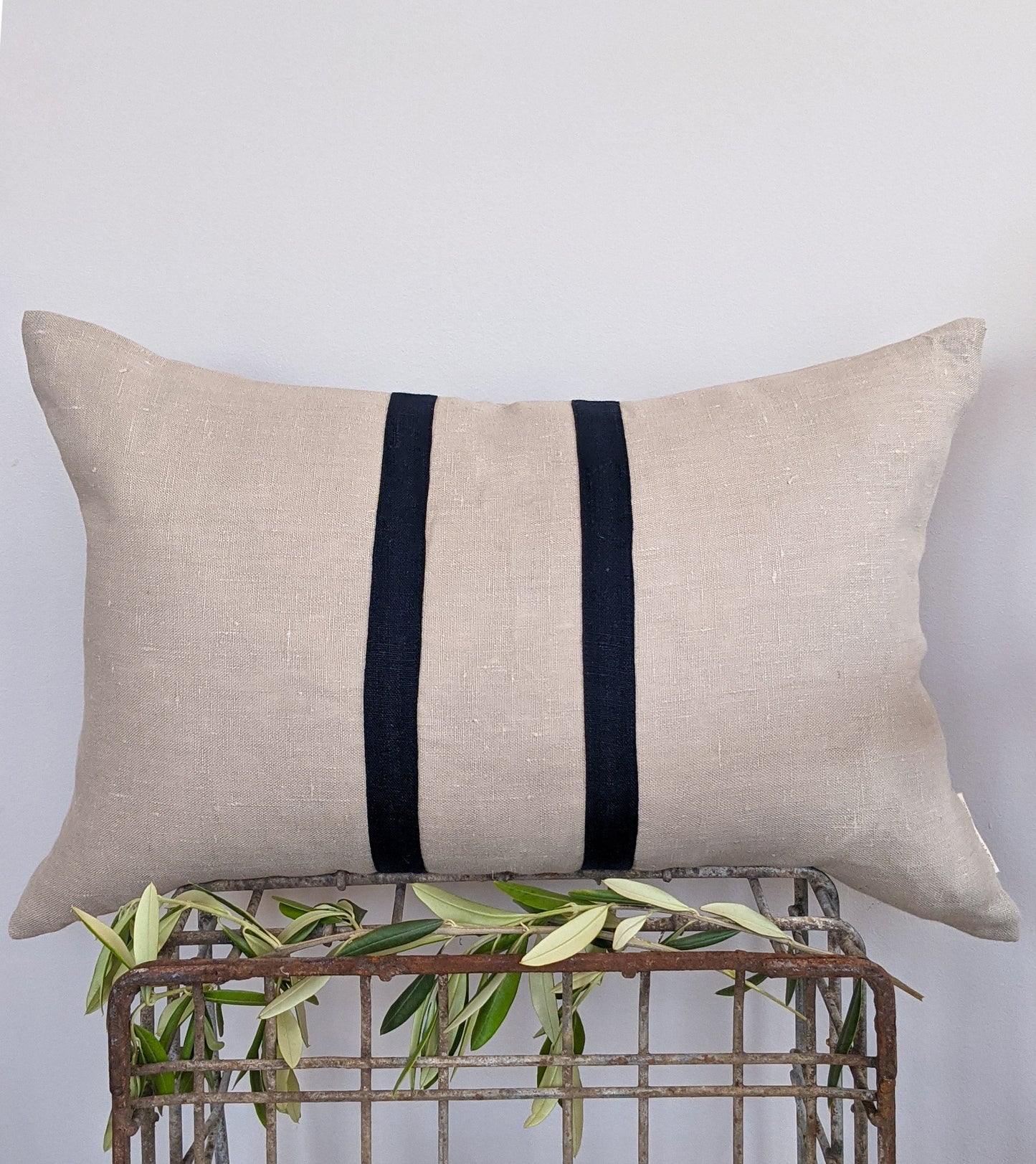 Linen Stripe Rectangle Cushion - Natural and Navy