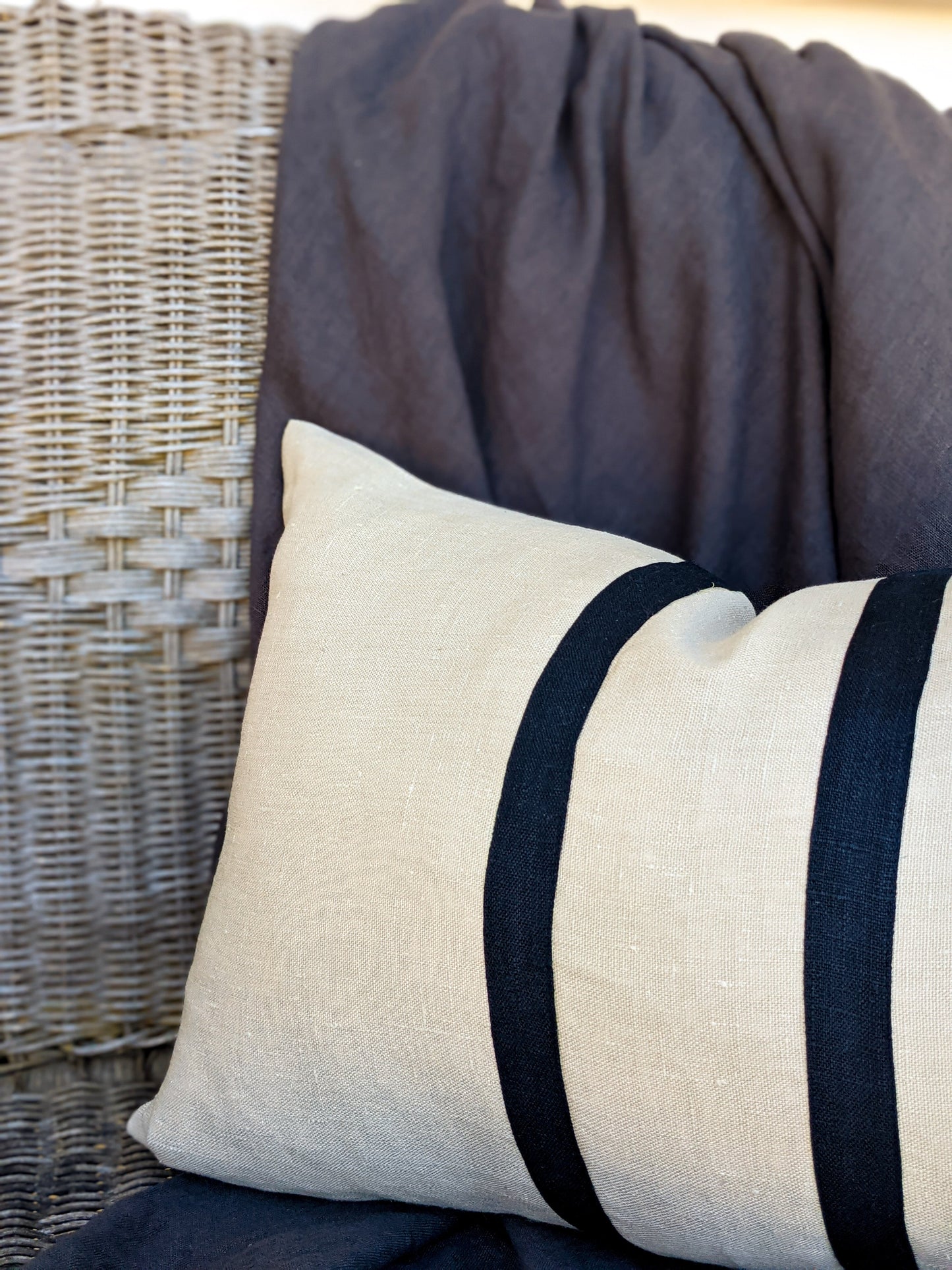 Linen Stripe Rectangle Cushion - Natural and Navy