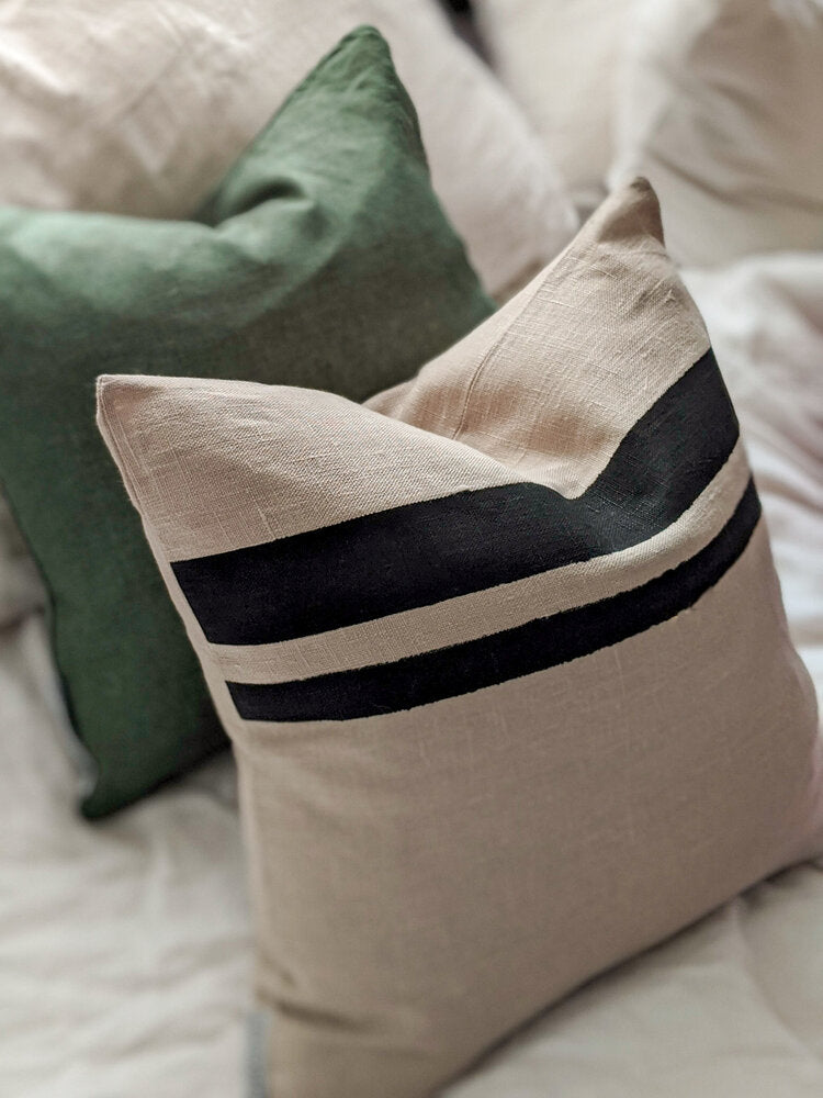 Linen Stripe Cushion - Natural and Black