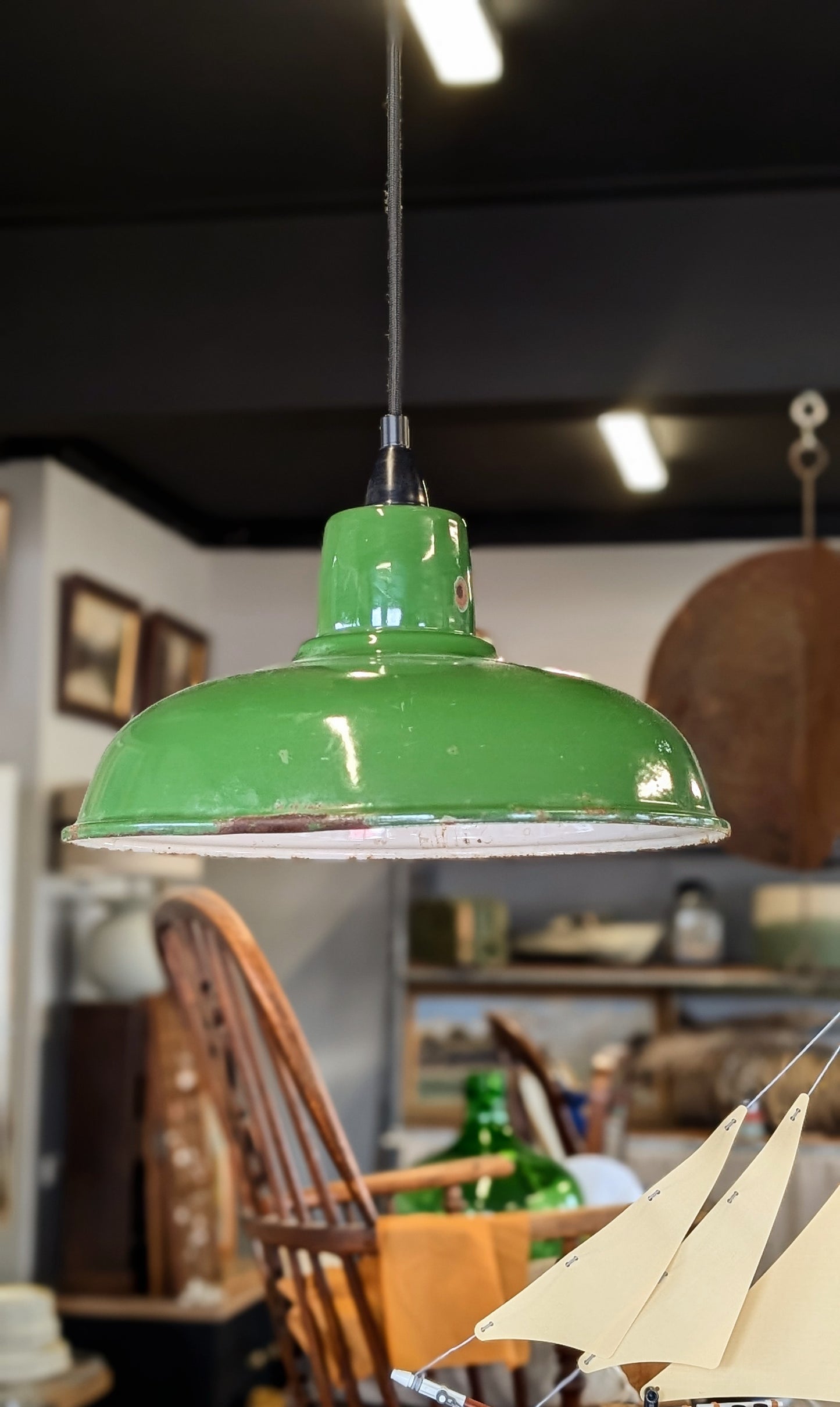 Vintage Industrial Enamel Lampshade Pendant Green