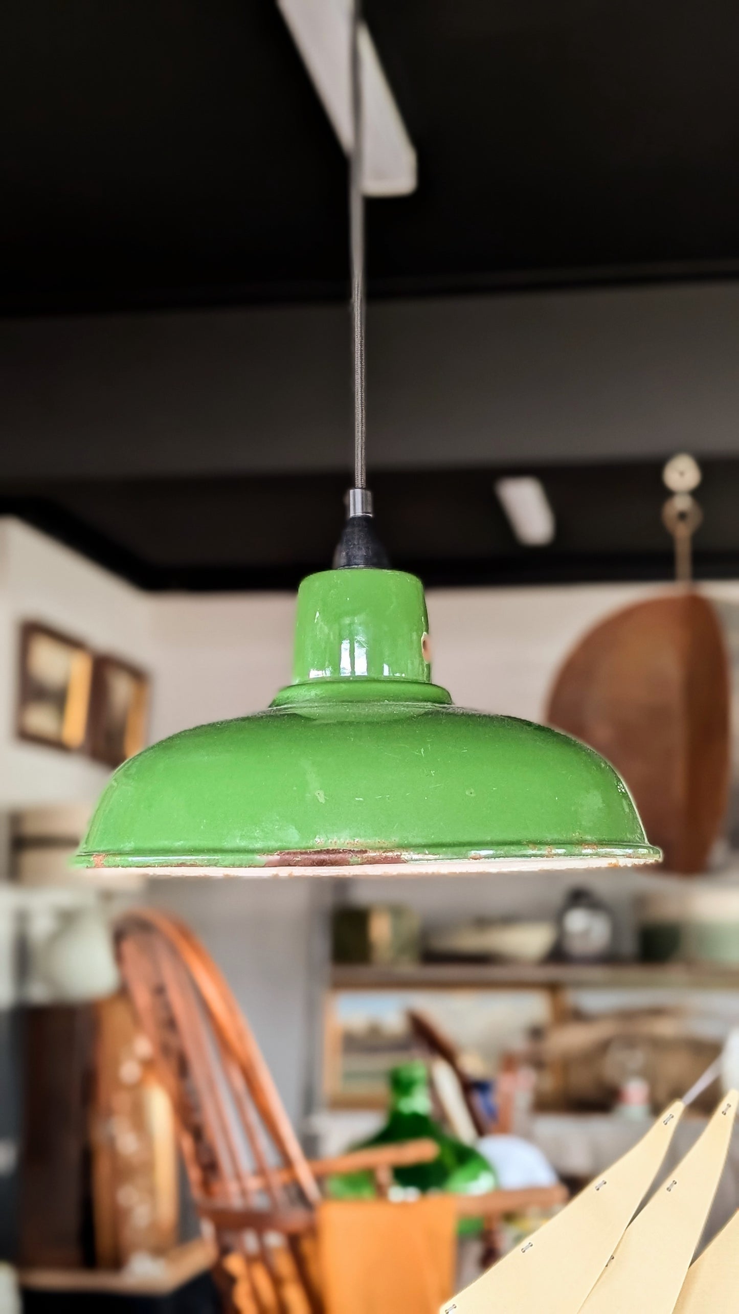 Vintage Industrial Enamel Lampshade Pendant Green