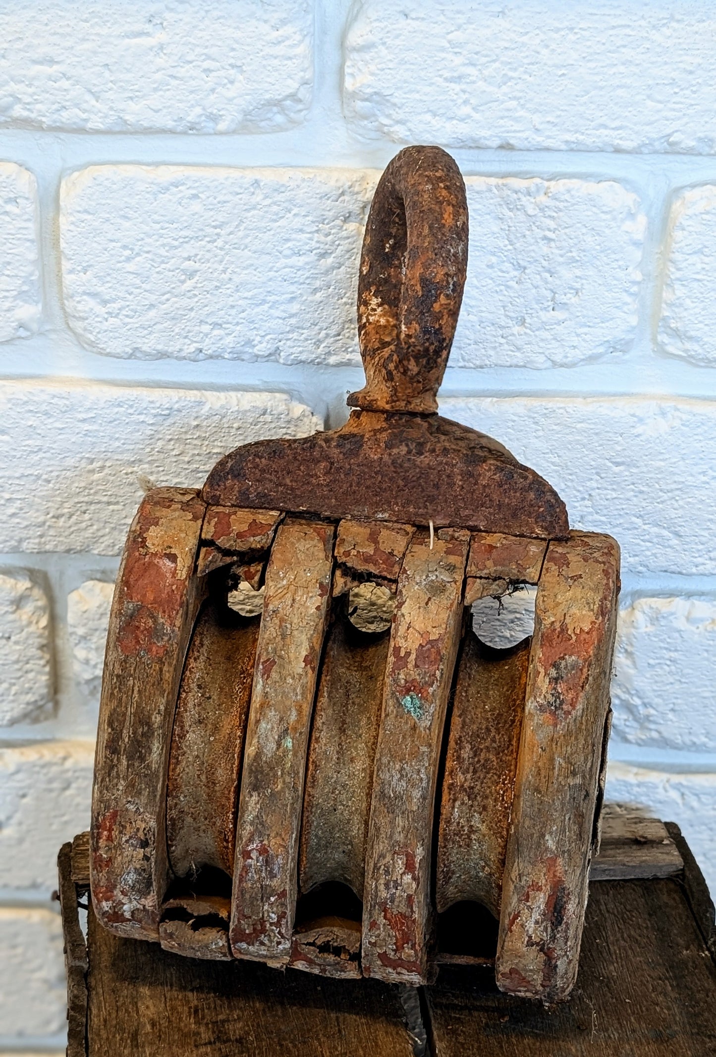 Vintage rustic wooden pulley block