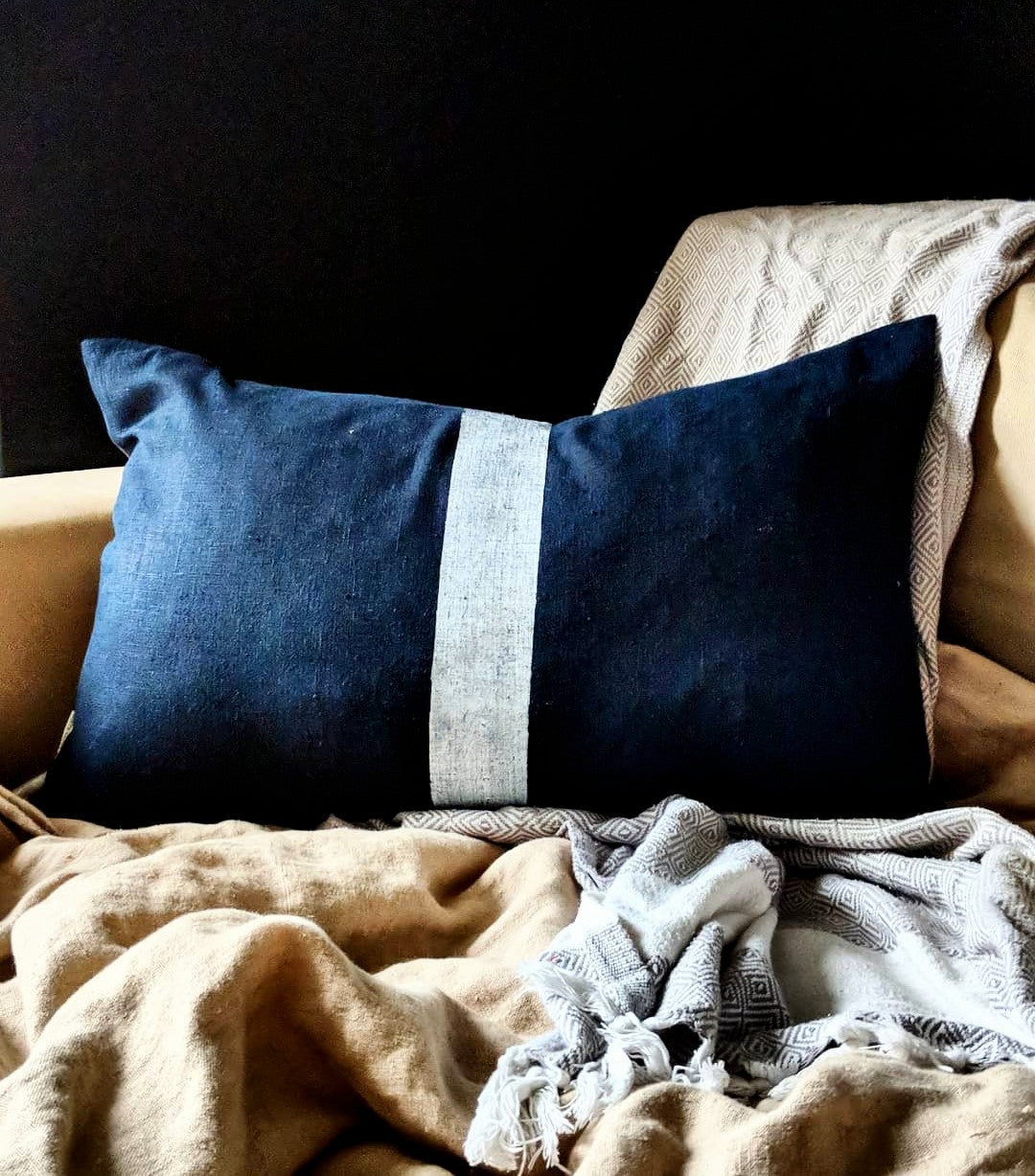 Linen Stripe Rectangle Cushion - Navy and White