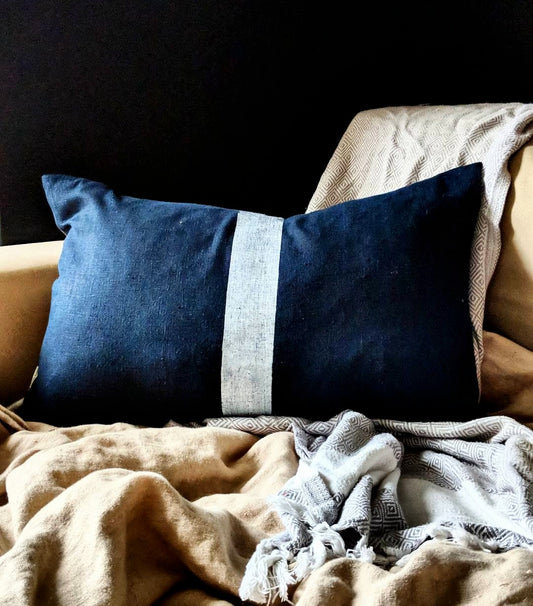 Linen Stripe Rectangle Cushion - Navy and White