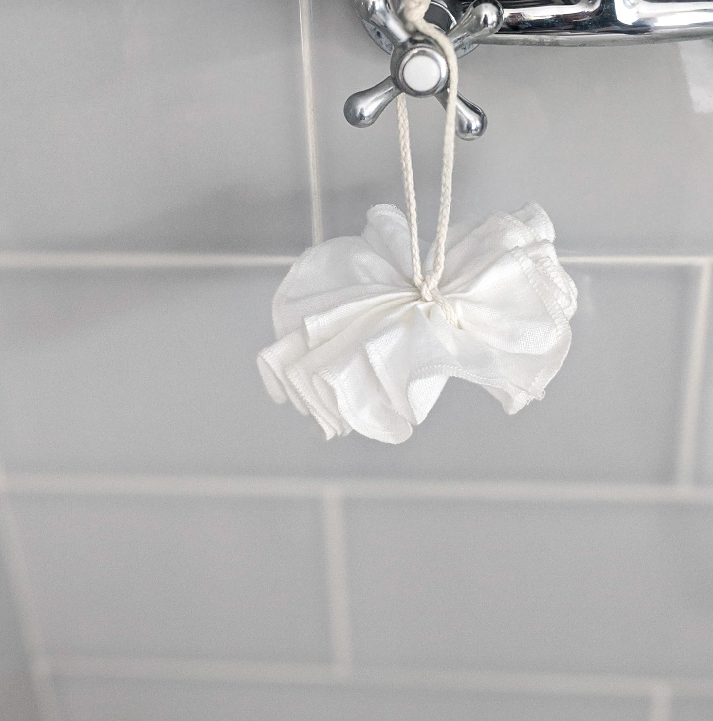 White Irish linen shower pouf