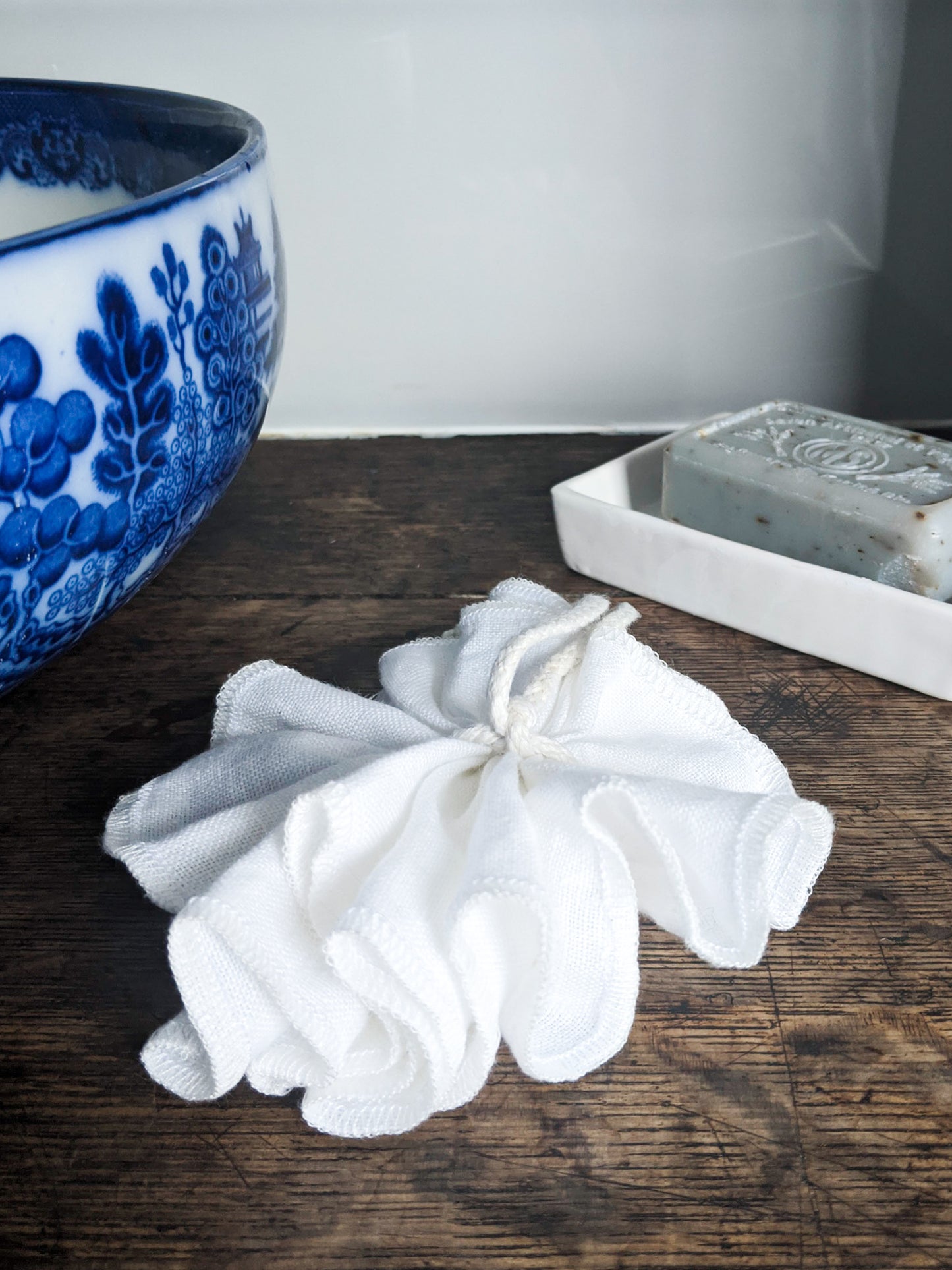 White Irish linen shower pouf