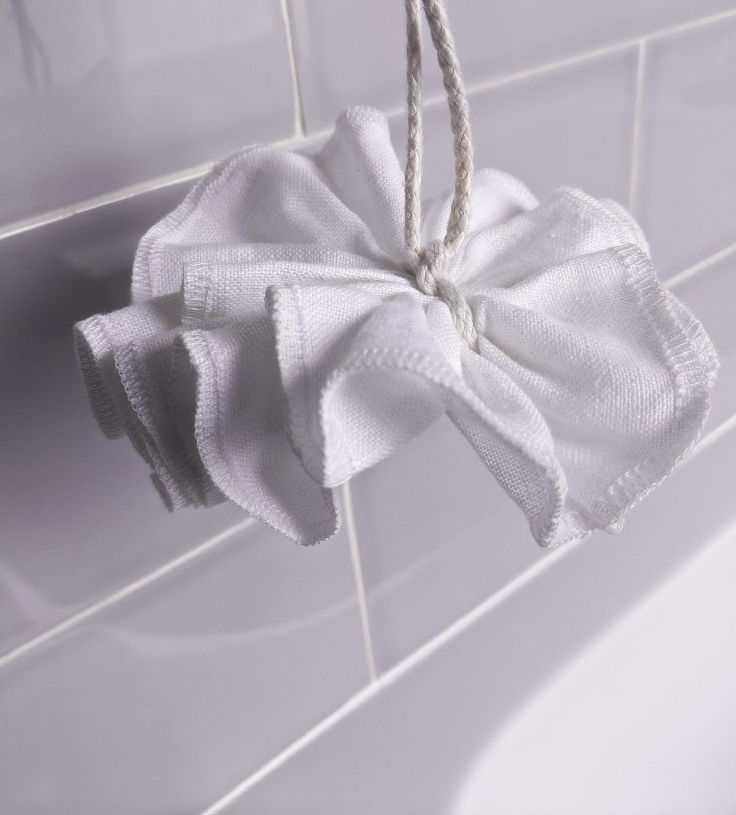 White Irish linen shower pouf