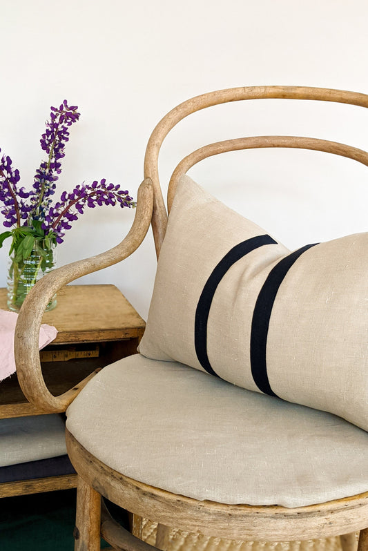 Linen Stripe Rectangle Cushion - Natural and Navy