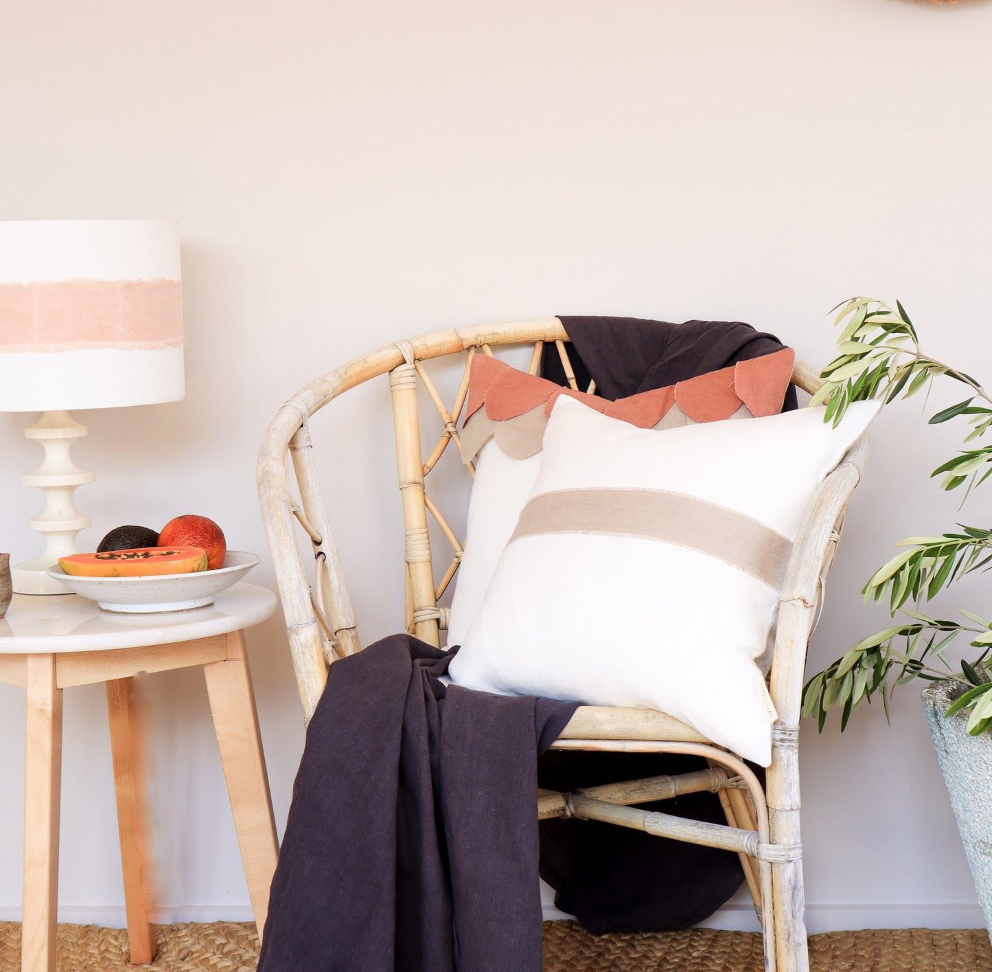 Linen Fray Stripe Cushion - White and Natural