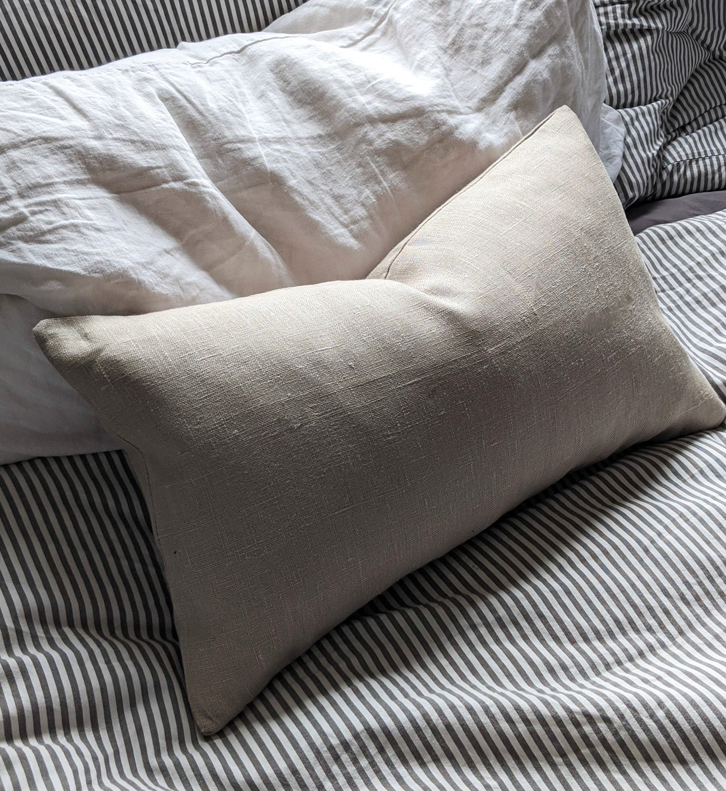 Linen Stripe Rectangle Cushion - Natural and Navy